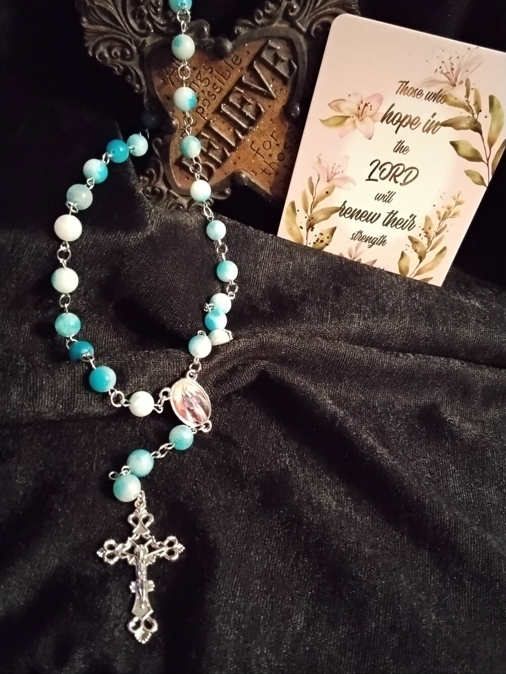 Turquoise Bead Rosary Necklace with Silver Cross